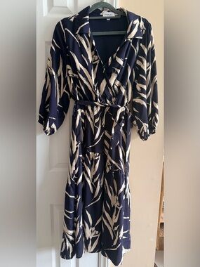 Navy and Cream Printed Midi Dress